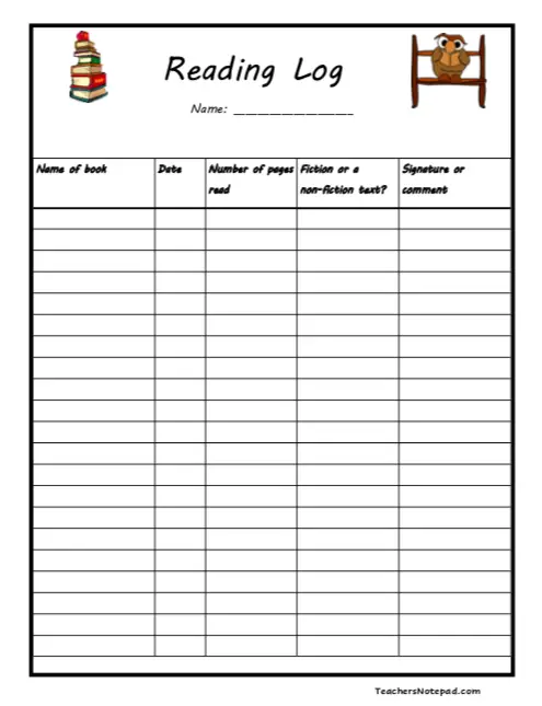 Book Reading Log Template from www.teachersnotepad.com